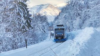 winter panorama of a moving locomotive in a forest in Bavaria