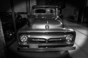 monochrome photo of american retro truck ford