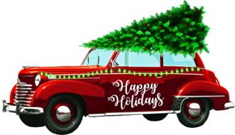 Clipart of the beautiful, red, vintage Christmas car with "Happy Holidays" wish, green lights and green fire tree at white background