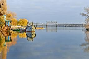 ship on the river in Ukraine in autumn