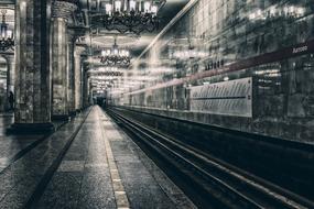 Beautiful metro platform with chandeliers in St Petersburg, Russia