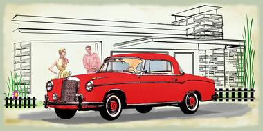 drawing of the couple and mercedes benz 220 car