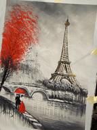 Beautiful drawing with the couple with umbrella, on the shore of Seine river with red tree, near the beautiful Eiffel Tower in Paris, France