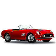 Model of the red, vintage "Ferrari" car, with the shadow, at white background, clipart