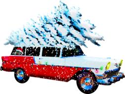 painted red white car carrying a Christmas tree