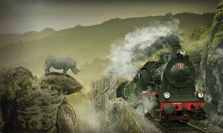 mystical image of a rhino on a mountain and a moving steam locomotive