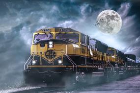 moving yellow locomotive against the background of the full moon