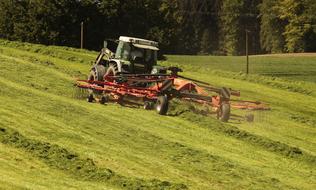 Colorful tractor, on the beautiful, green and yellow meadow, near the green and yellow trees