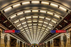 Beautiful and colorful, decorated railway station with lights and signs, in St Petersburg, Russia