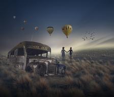 clipart of the Balloons and couple and broken bus on a meadow