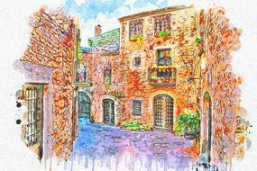 medieval old town house drawing