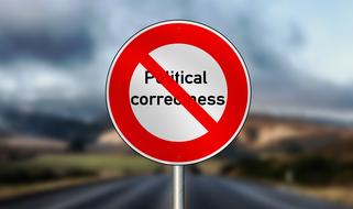 Red, white and black "No Political correctness" road sign, on the road, among the colorful plants
