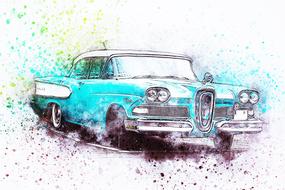 blue old car oldtimer art drawing on white background