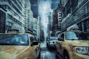 Taxi cabs on street at Stormy weather, usa, new york city