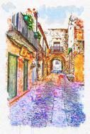 Beautiful and colorful drawing of the old, Medieval town with the houses