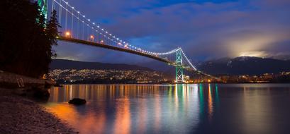 Beautiful view of suspension bridge to coastal city at dusk, canada, British columbia