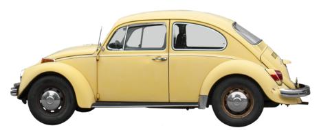 Beautiful, retro, yellow Vw 1200 Volkswagen 4-Cyl on the side view at white background
