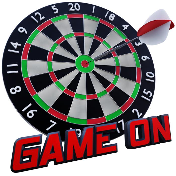 Colorful dartboard, with the dart and 'Game On' sign, clipart