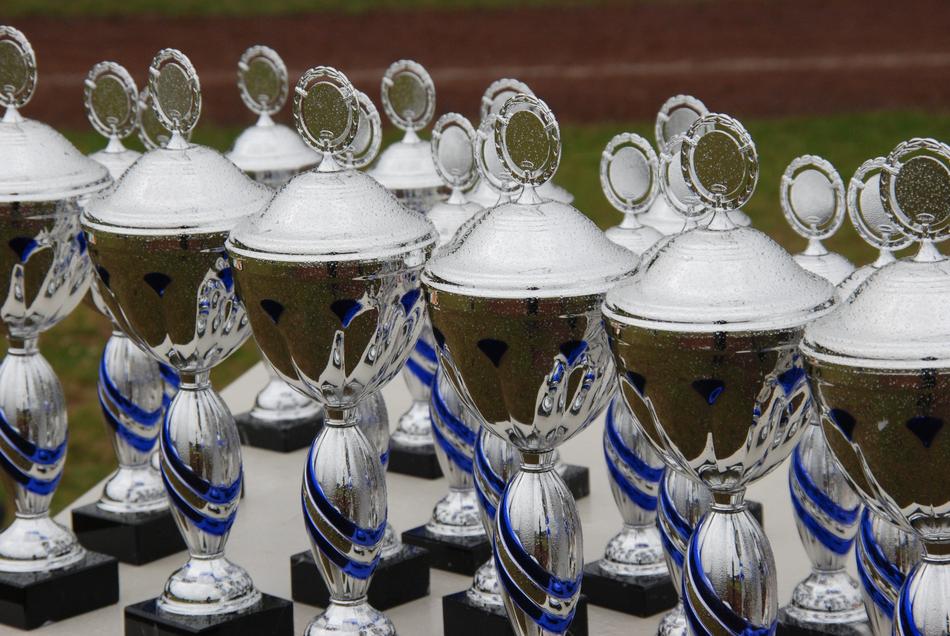 many sports trophies close up