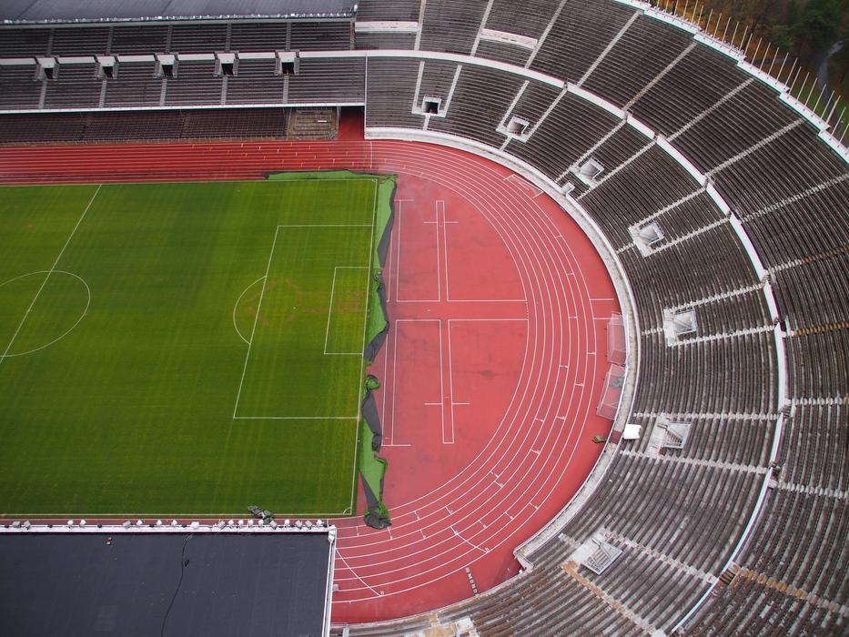 Top view of the colorful stadium, with the signs