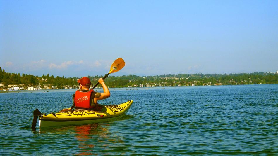 Guy, doing kayaking on the water, with the paddle, near the shore
