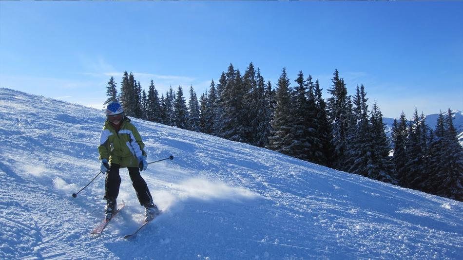 Skier on the beautiful, snowy mountain with the trees, in light, in Kitzbuehel, Austria