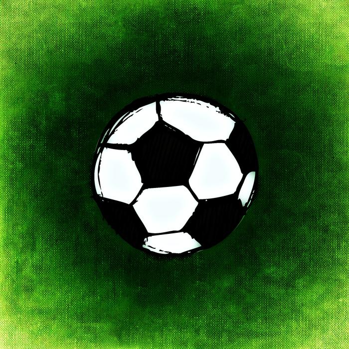 Painting of the white and black football ball, at gradient, green background, clipart