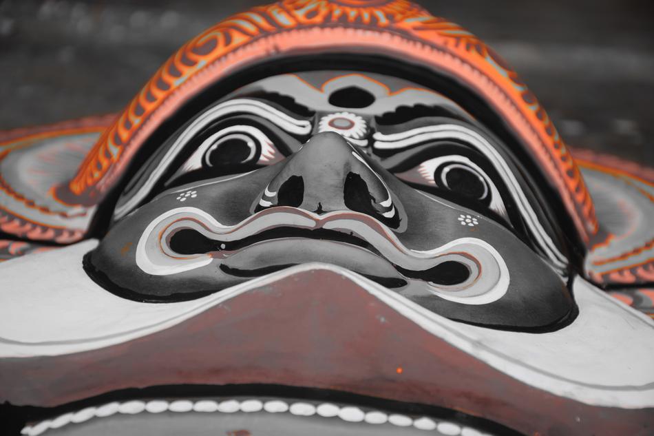 Close-up of the colorful Chau Mask with patterns, in Purulia, West Bengal, India