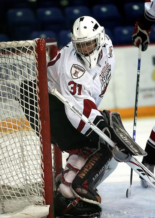 Hockey goalie with equipment, near the net, on the competition