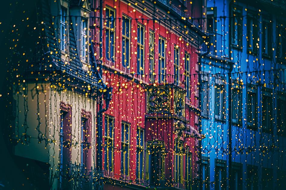 Christmas decorations on the facade of buildings in Freiburg