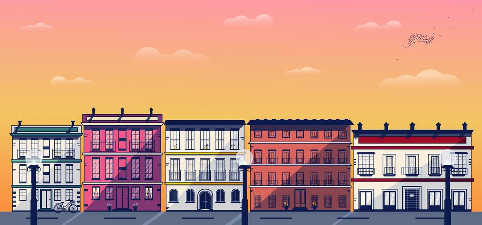 Colorful buildings at colorful sky background