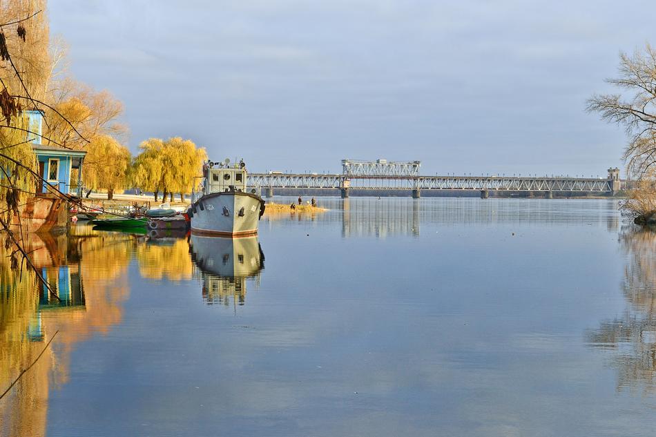 ship on the river in Ukraine in autumn