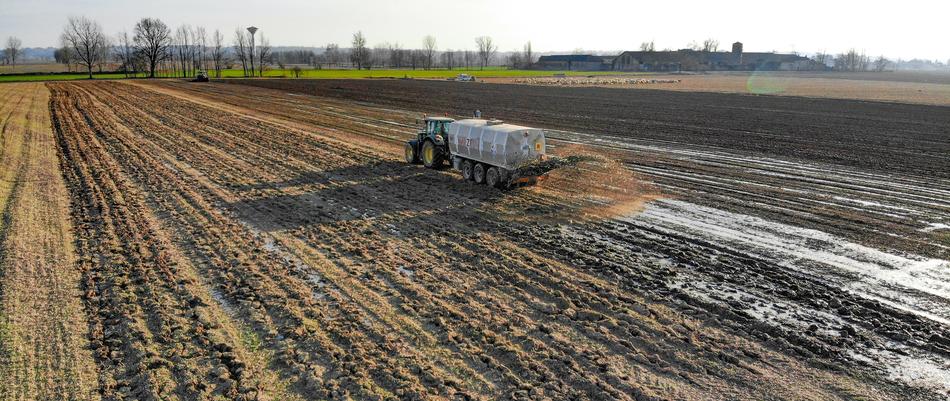 the tractor fertilizes the plants in the field