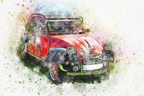 old red car art, digital watercolor painting