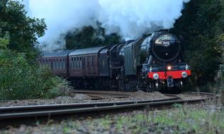 Flying Scotsman Train speeding in wilderness, uk