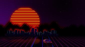 neon image of the setting sun near houses and roads