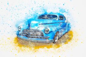 watercolor, blue retro car