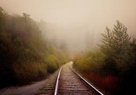 one way Railroad through foggy forest