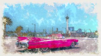 Colorful and beautiful landscape with the purple car, among the buildings and palm trees