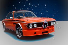 Beautiful, shiny, orange "BMW e9" car, with the shadow, at blue background, with the lights, clipart