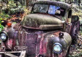 Old, colorful, abandoned, retro car, among the colorful plants