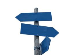 three blue road signs