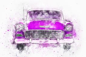 Beautiful drawing of the shiny, purple old, retro car, with the paint splatter