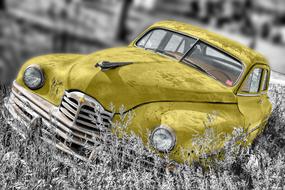 black and white photo of a yellow retro car in a field