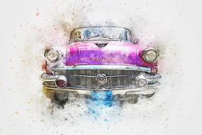 pink old car as a watercolor painting