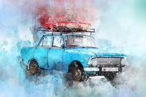 watercolor blue retro car