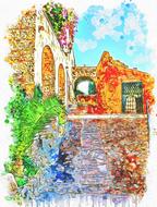 drawn medieval old town
