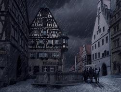 horse driven carriage on street in old town on rainy evening