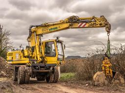 Excavator digging ground in wilderness