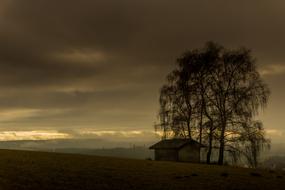 barn and trees against a stormy sky in Germany